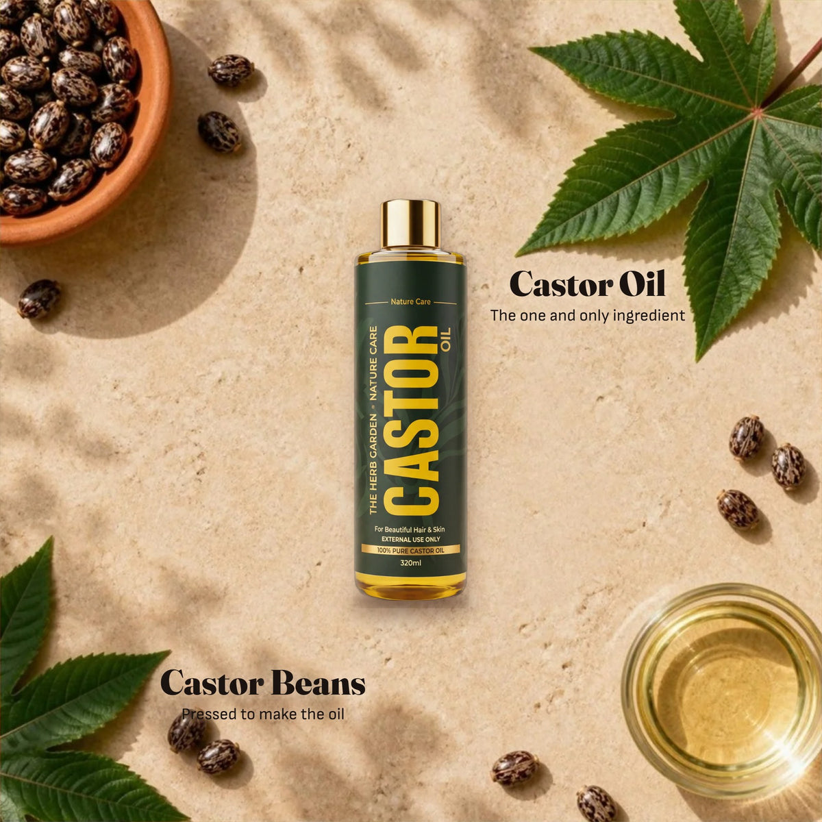 Castor beans, a castor leaf and castor oil around the bottle