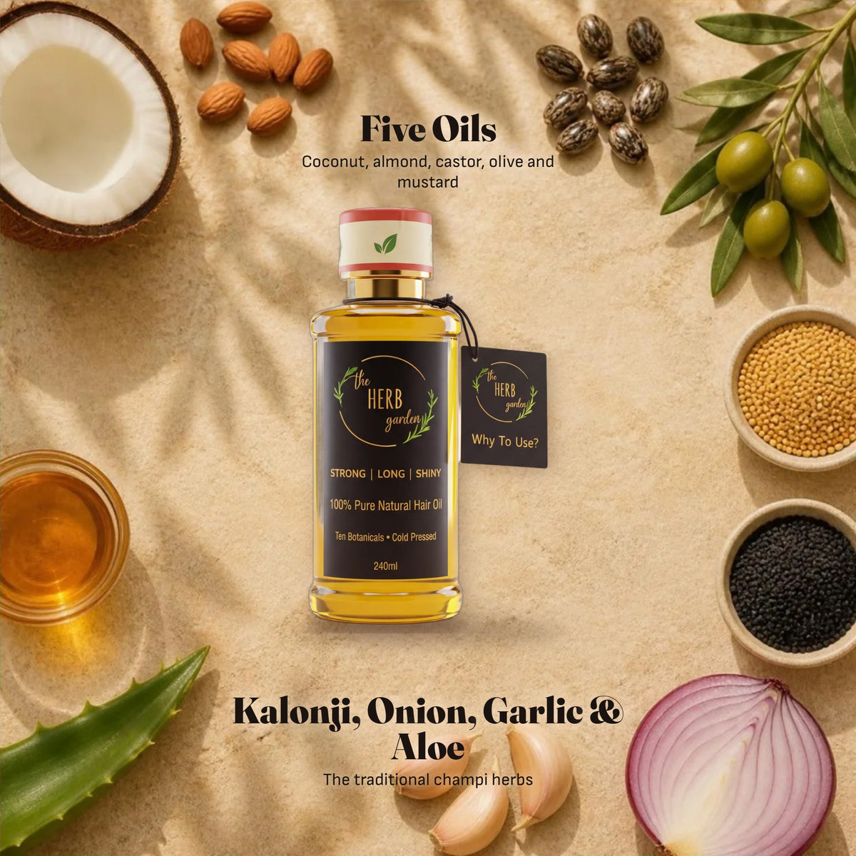 The oils and herbs in the blend around the bottle