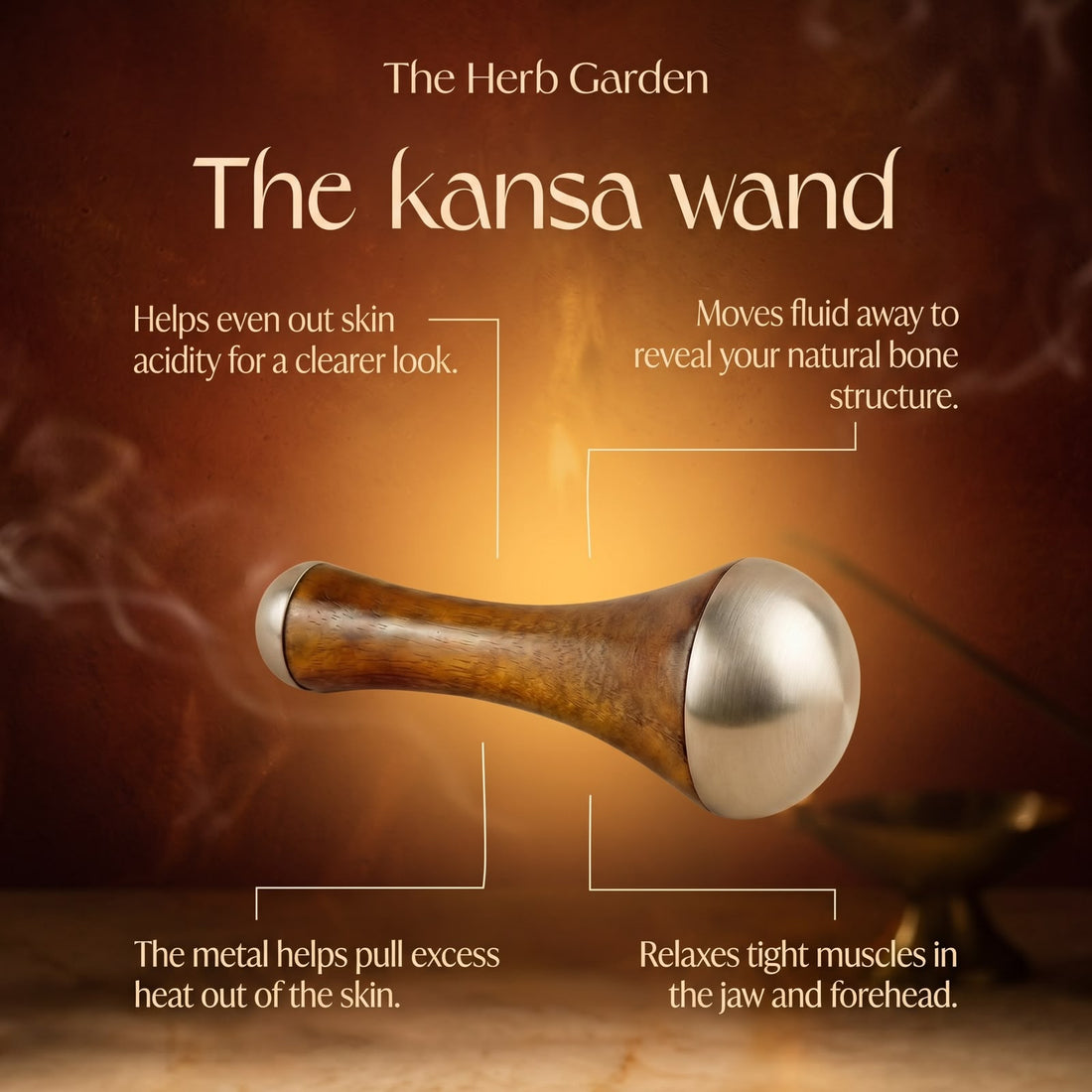 The Herb Garden Kansa Wand — kansa bronze face massage wand with wooden handle on travertine stone bowls