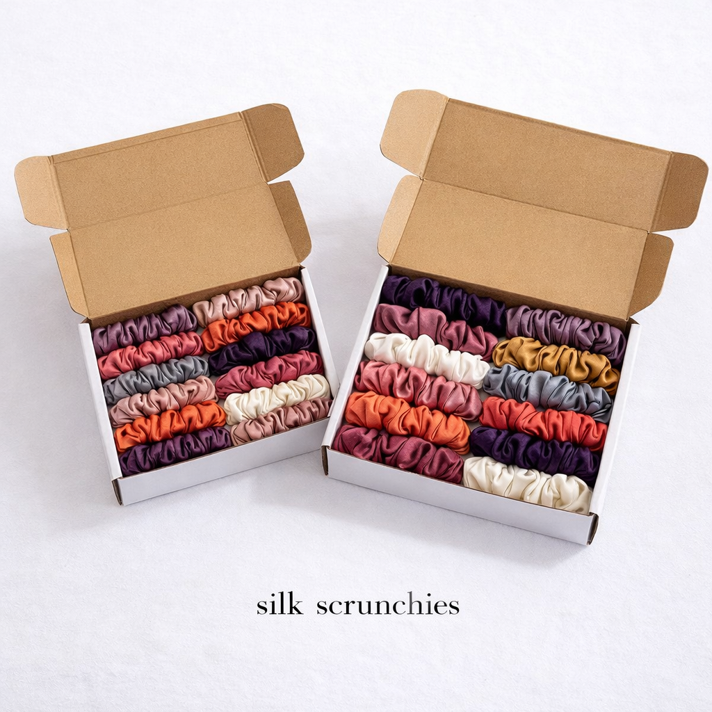 Handmade Silk Skinny and Fluffy Scrunchies Box ( 8 and 16 pieces )