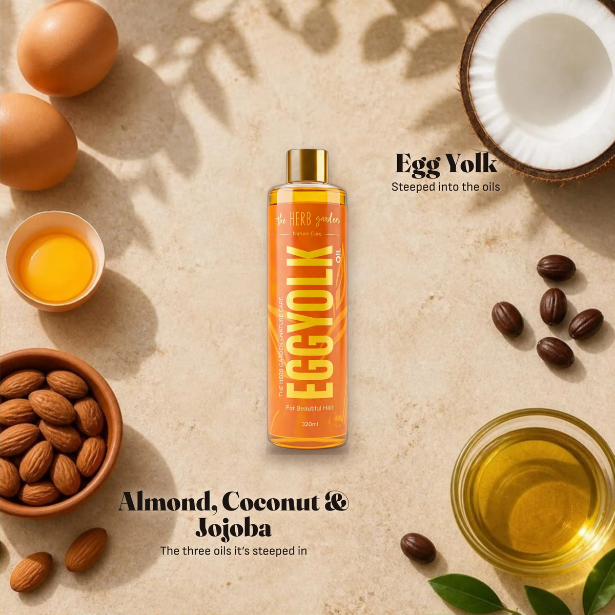Eggs, egg yolk, almonds, coconut and jojoba around the bottle
