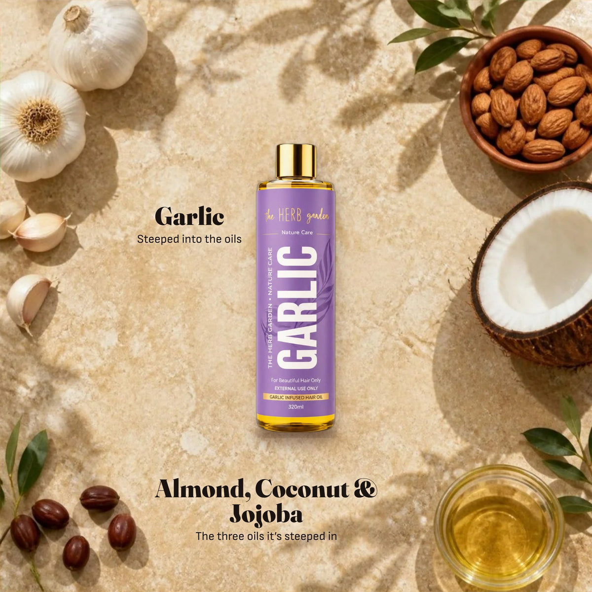 Garlic, almonds, coconut and jojoba around the bottle