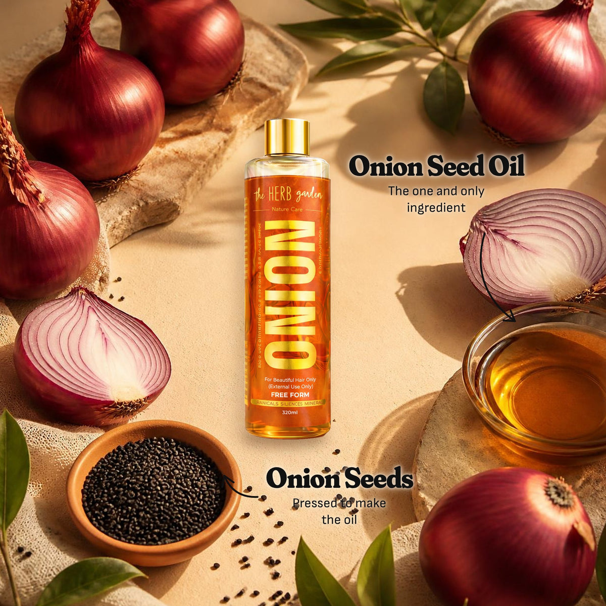 Onion seed oil and onion seeds around the bottle